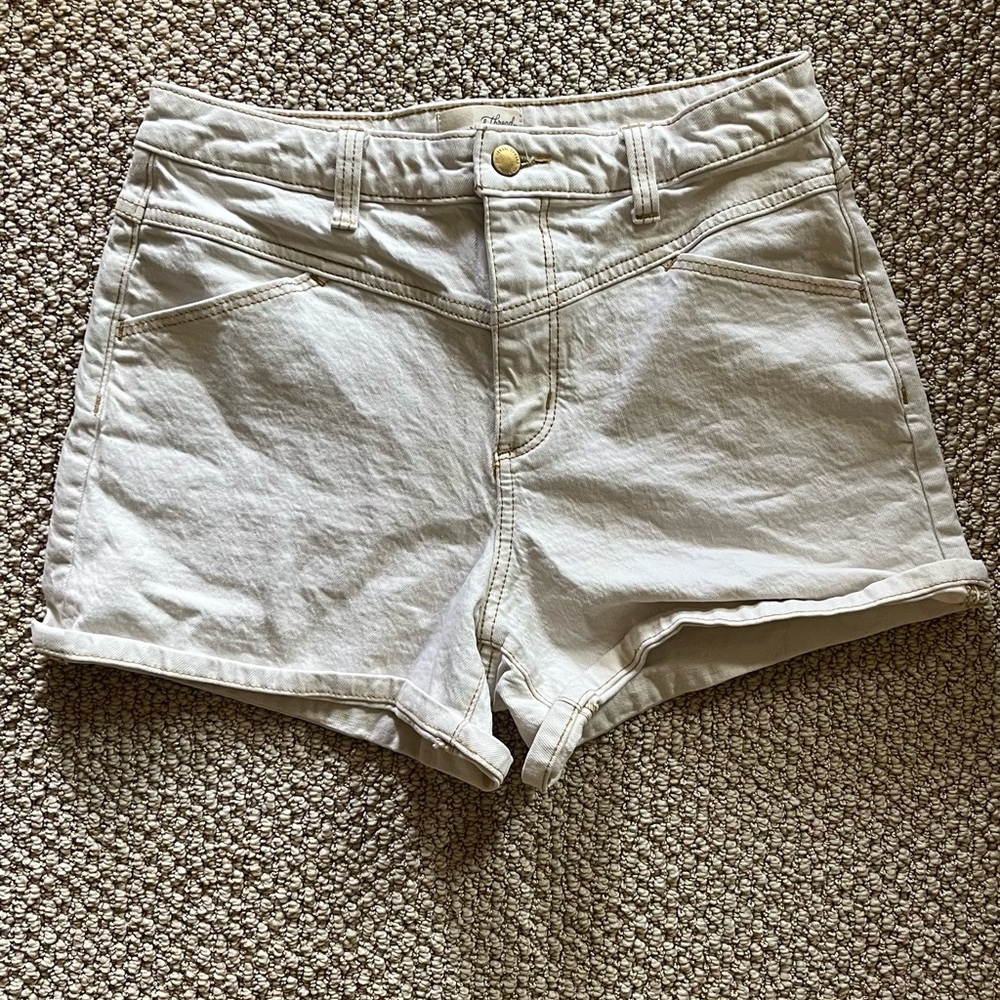 white high rise shorts with tan stitching!!